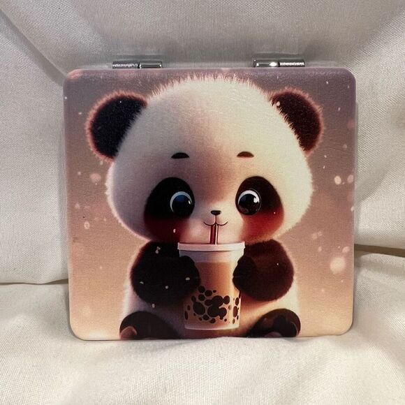 Panda with Boba Tea Bubble Tea Compact Mirror Pocket Makeup Mirror NEW - Picture 1 of 4